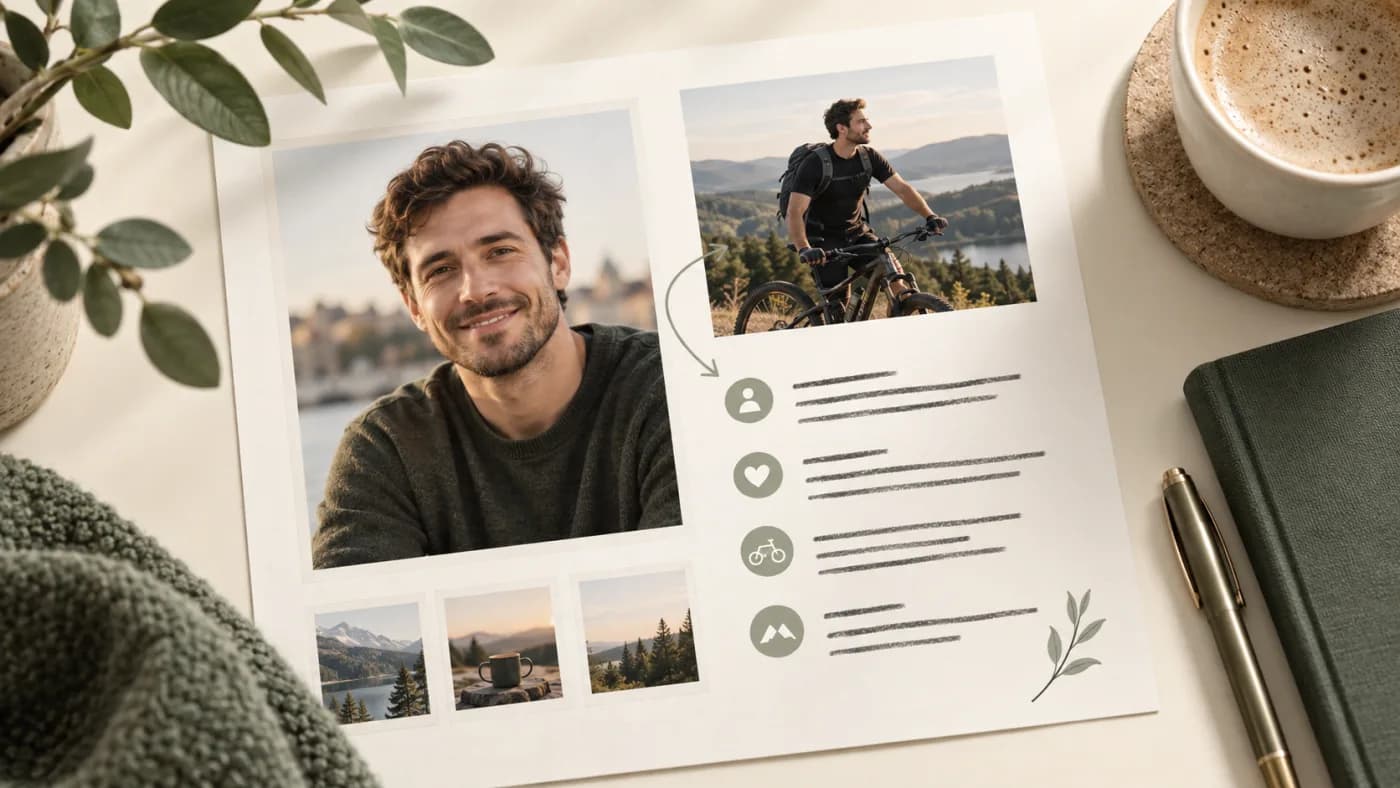 Ilustracyjna makieta profilu łącząca portret i zdjęcie hobby z opisem; grafika AI