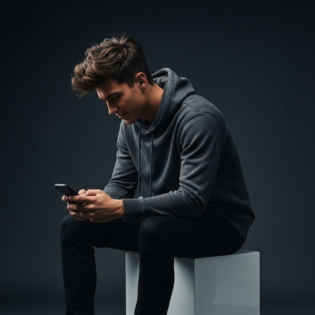 Man in dark hoodie sitting on a white cube in studio